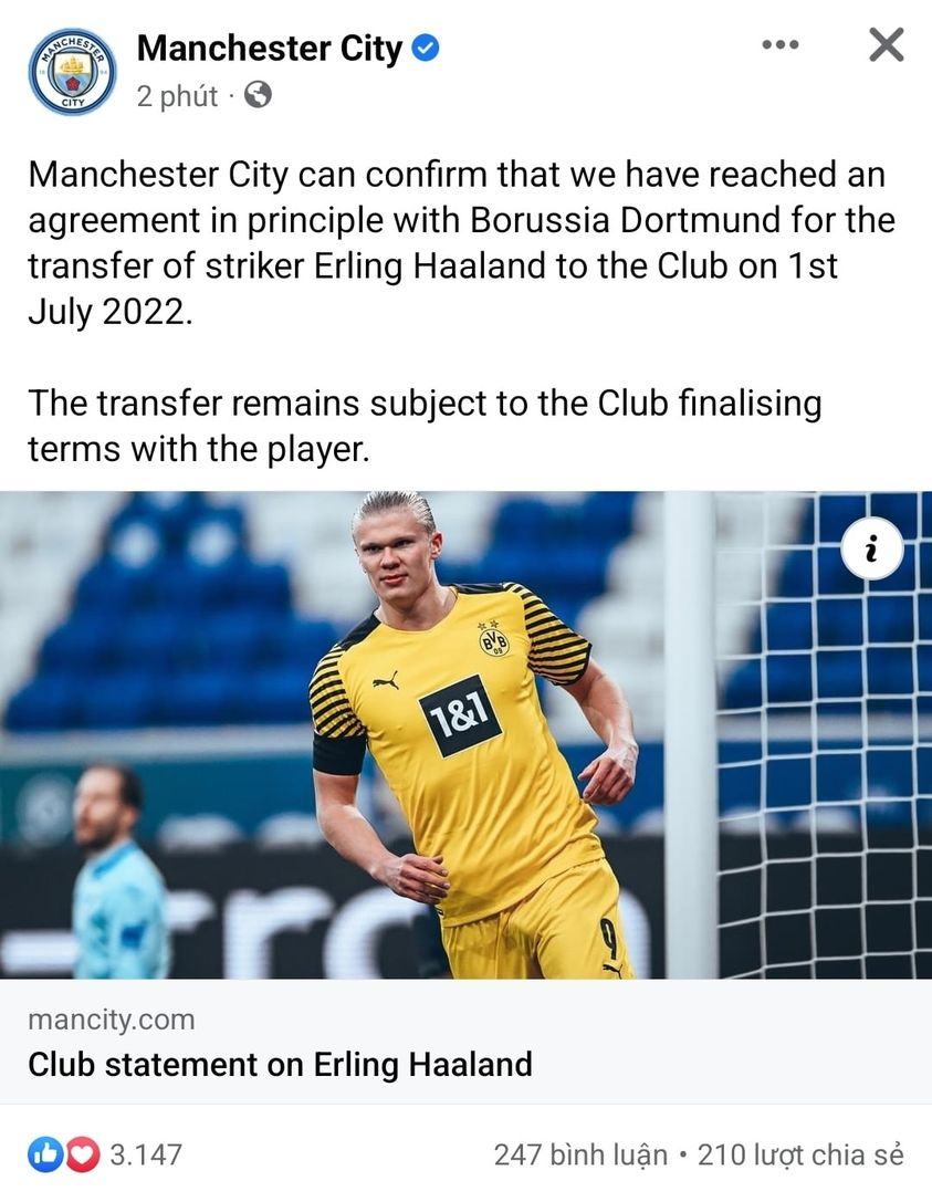 Trang chủ của Manchester City chính thức công bố bản hợp đồng Erling Haaland
